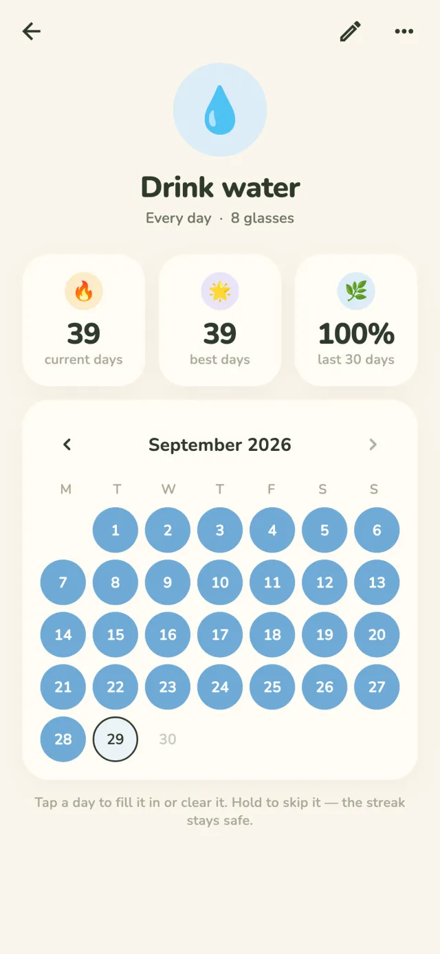 A habit’s month calendar in Petite Habits with streak counts and filled-in days