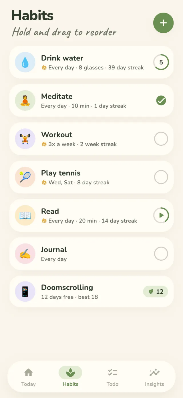 The habit list in Petite Habits with emoji, pastel tints and streaks